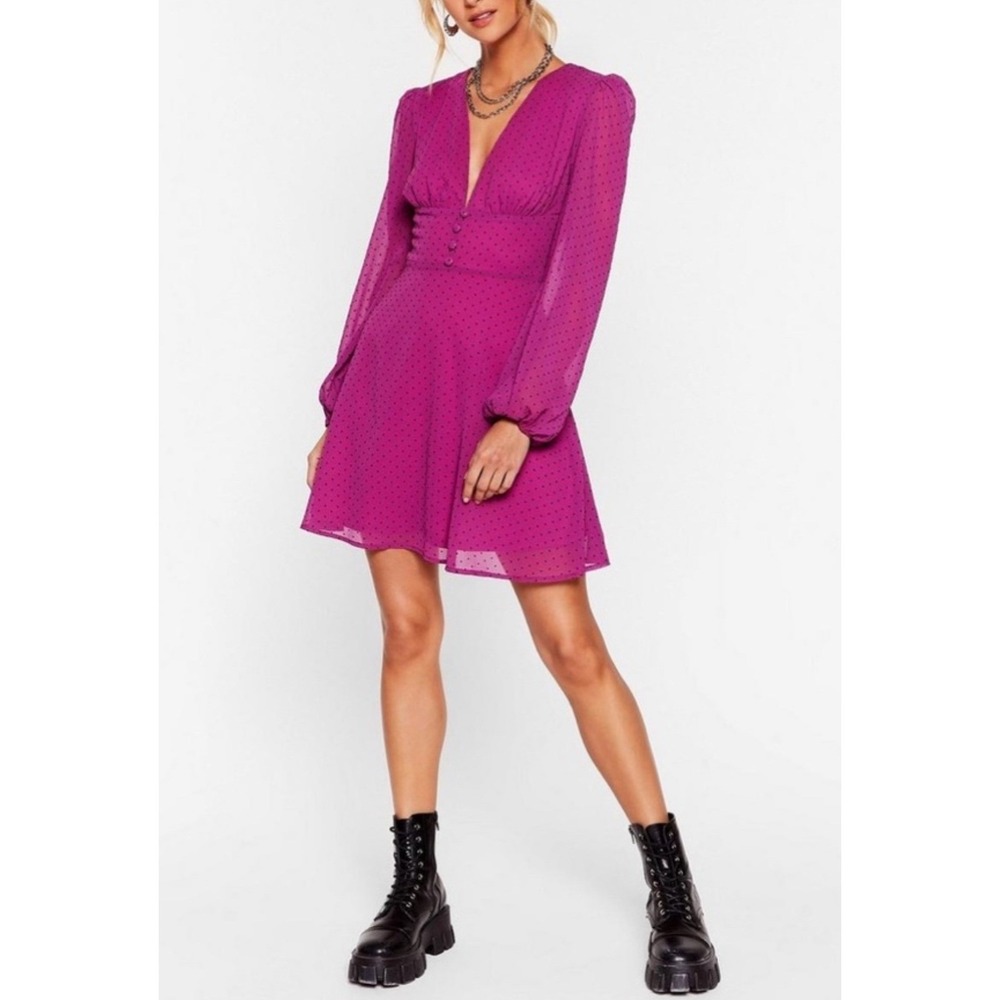 Nasty Gal Purple Polka Dot Long Sleeve V Neck Button Up Mini Dress Size US 4